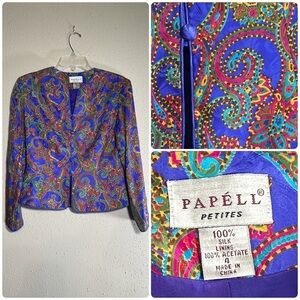Vintage Papéll Petites Vibrant Purple Gold Paisley Colorful Silk Blouse Size 4